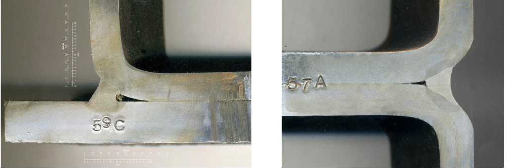 Image left: Flare-bevel weld, cross-sectioned; image right: flare-V weld, cross-sectioned