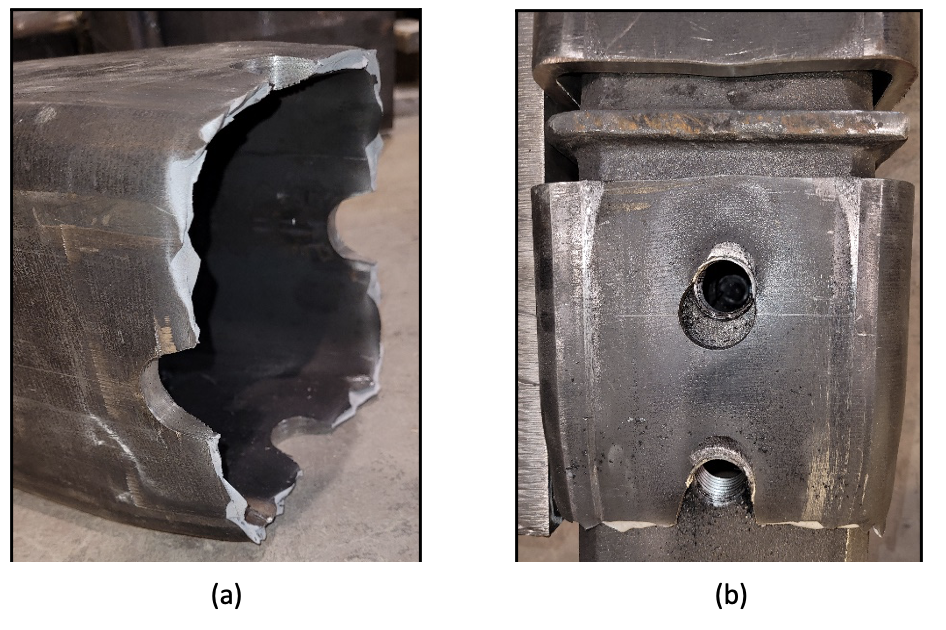 Figure 6: Cast Steel Insert connection at failure in tension: (a) net section fracture of HSS through the bolt holes; (b) bolt bearing on HSS holes and initiation of tear-out