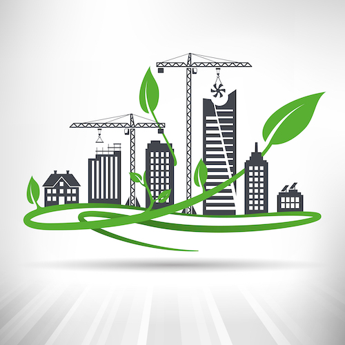 Sustainability - buildings and green leaves
