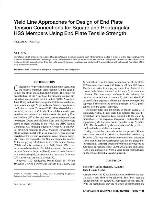 HSS Reference Guide No. 3: HSS Column/Chord Splice Connections 20 AISC: Yield Line Approaches for Design of End Plate Tension Connections for Square and Rectangular HSS Members Using End Plate Tensile Strength