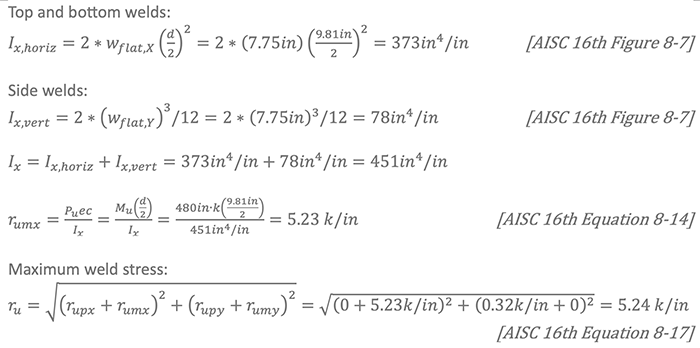 HSS Splice Design Examples | Part 1: Rectangular Column Field Welded Moment Splices 7 Weld Group Maximum Stress: Top and Bottom Welds equations