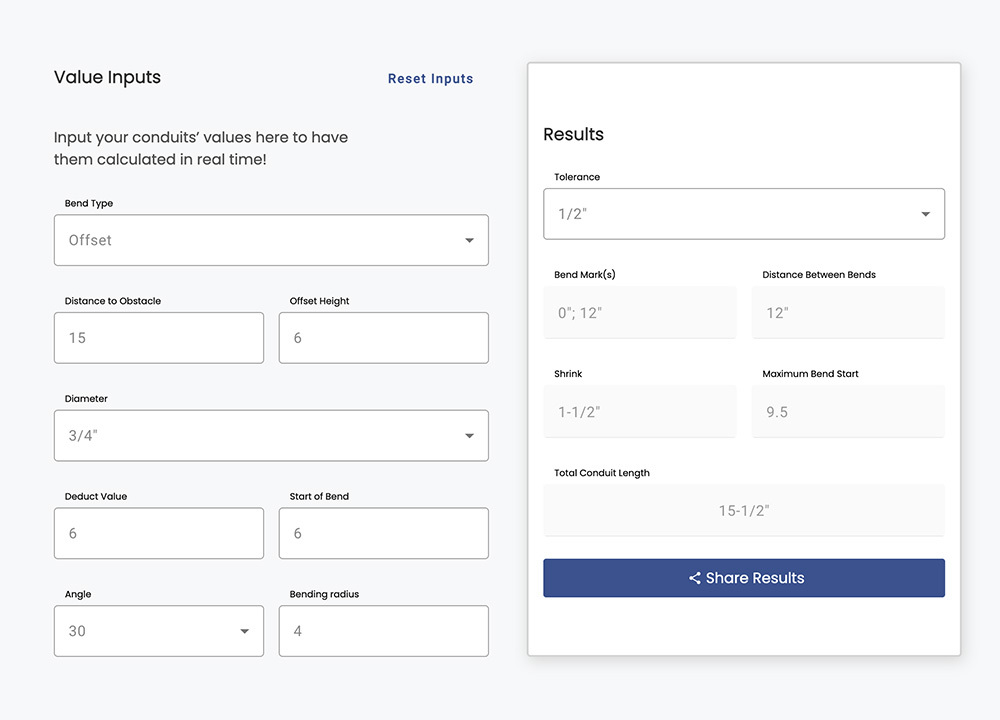 Conduit Bending Calculator 2 Conduit Bending Configurator app input fields