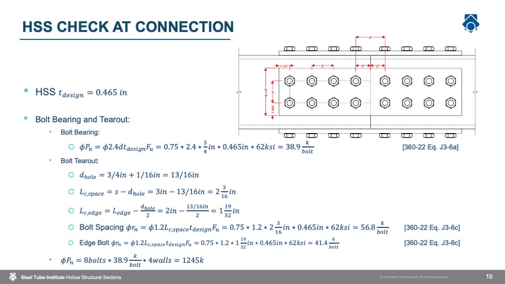 Slide showing HSS bolt bearing and tearout checks at the splice connection, with a dimensioned bolt layout diagram.
