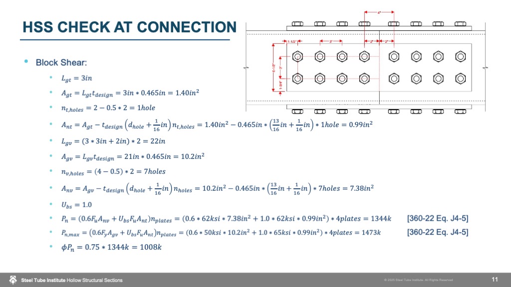 Slide showing HSS block shear calculations at the splice connection, alongside a dimensioned bolt and splice plate diagram.