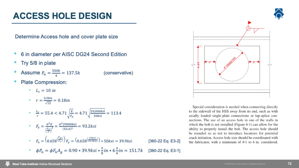Slide showing access hole design calculations for a 6-inch diameter hole and cover plate, with a diagram illustrating hole dimensions and placement.