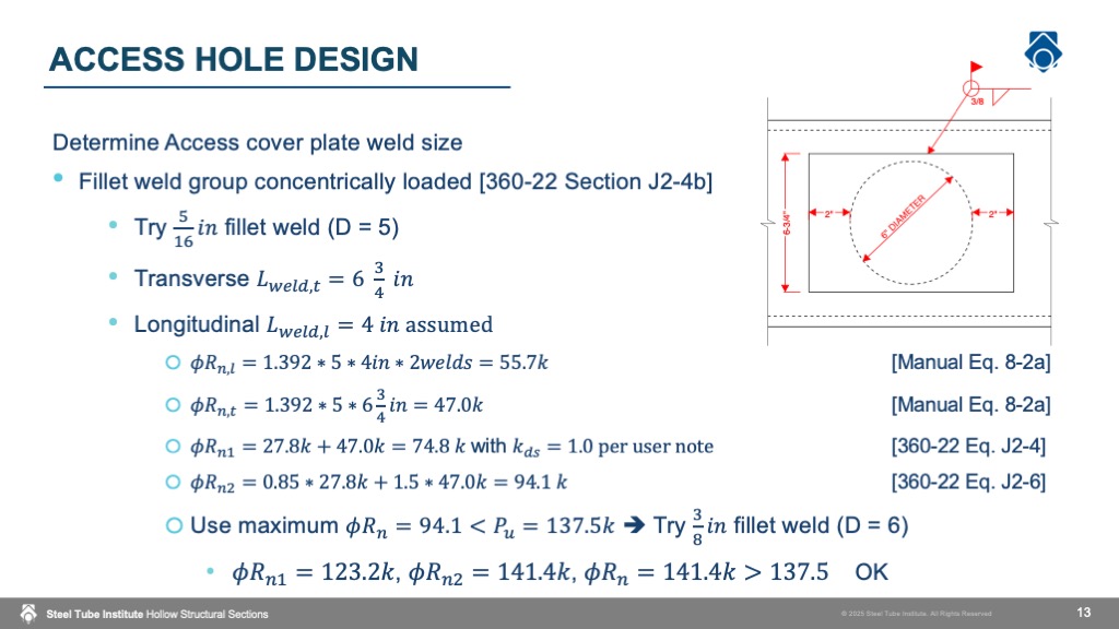 Slide showing weld size calculations for the access cover plate, with a diagram illustrating the access hole and weld layout.