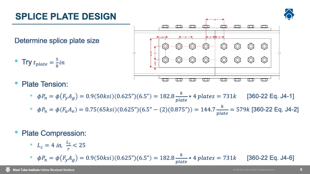 Slide showing splice plate sizing calculations, including plate tension and compression checks, alongside a diagram with bolt layout and plate dimensions.