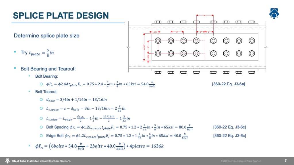 Slide showing bolt bearing and tearout calculations, with a bolt layout diagram and dimensioned splice detail.