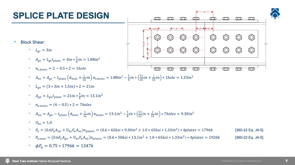 Slide presenting block shear calculations for the splice plate, shown alongside a diagram of the bolted splice with dimensions.