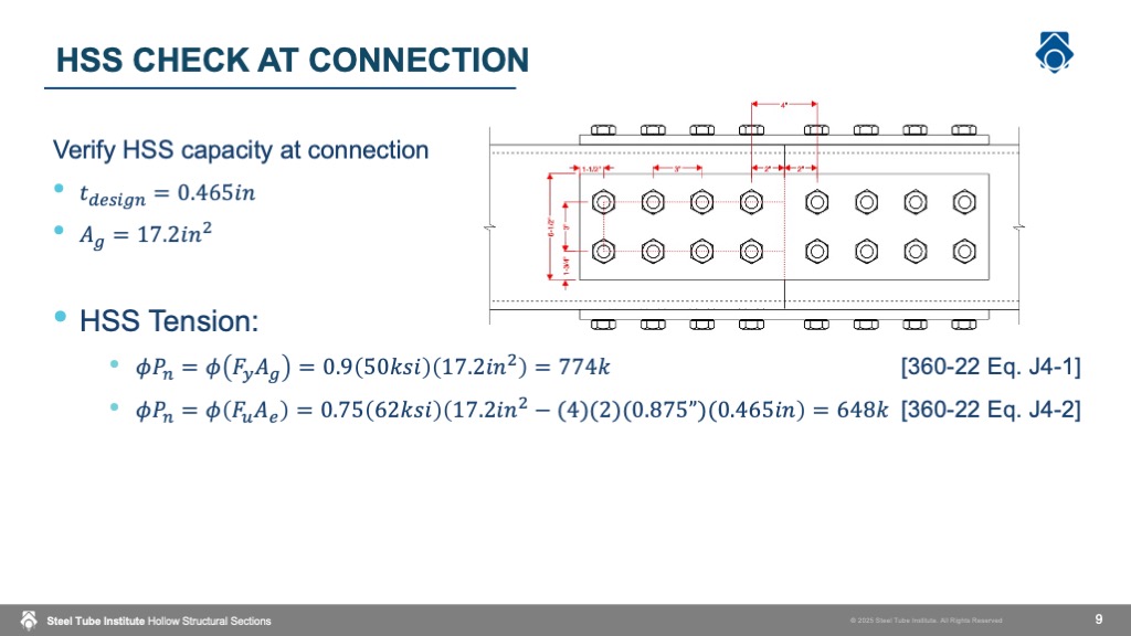 Slide showing HSS capacity check at the splice connection, including tension calculations and a diagram of the bolted splice with dimensions.